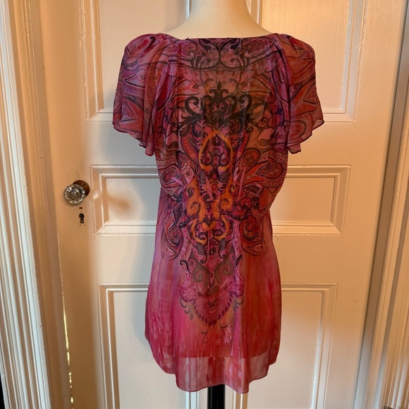 Unity World Wear Women’s Pink Orange Studded Patterned Top Medium Flutter Sleeve - Picture 3 of 14